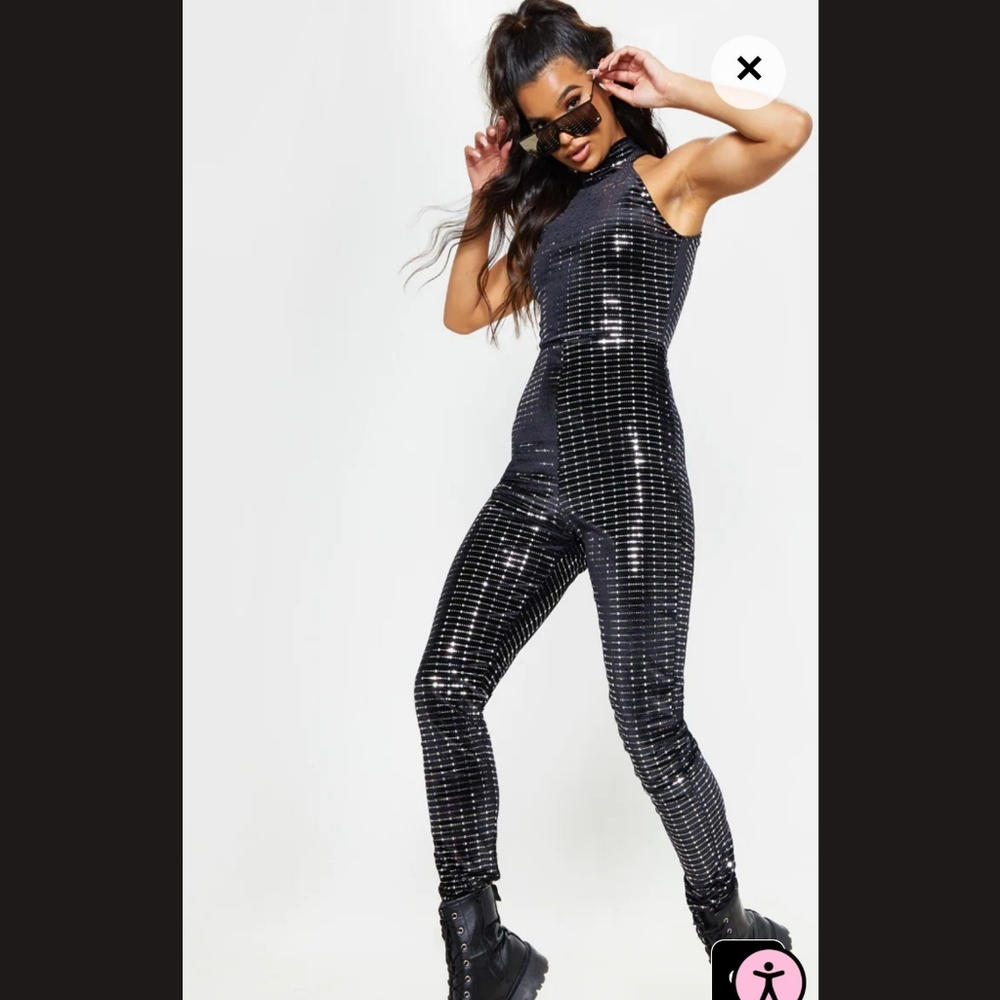 NWT PLT Black Sequin Mirror Velvet Halterneck Jumpsuit - Picture 2 of 10